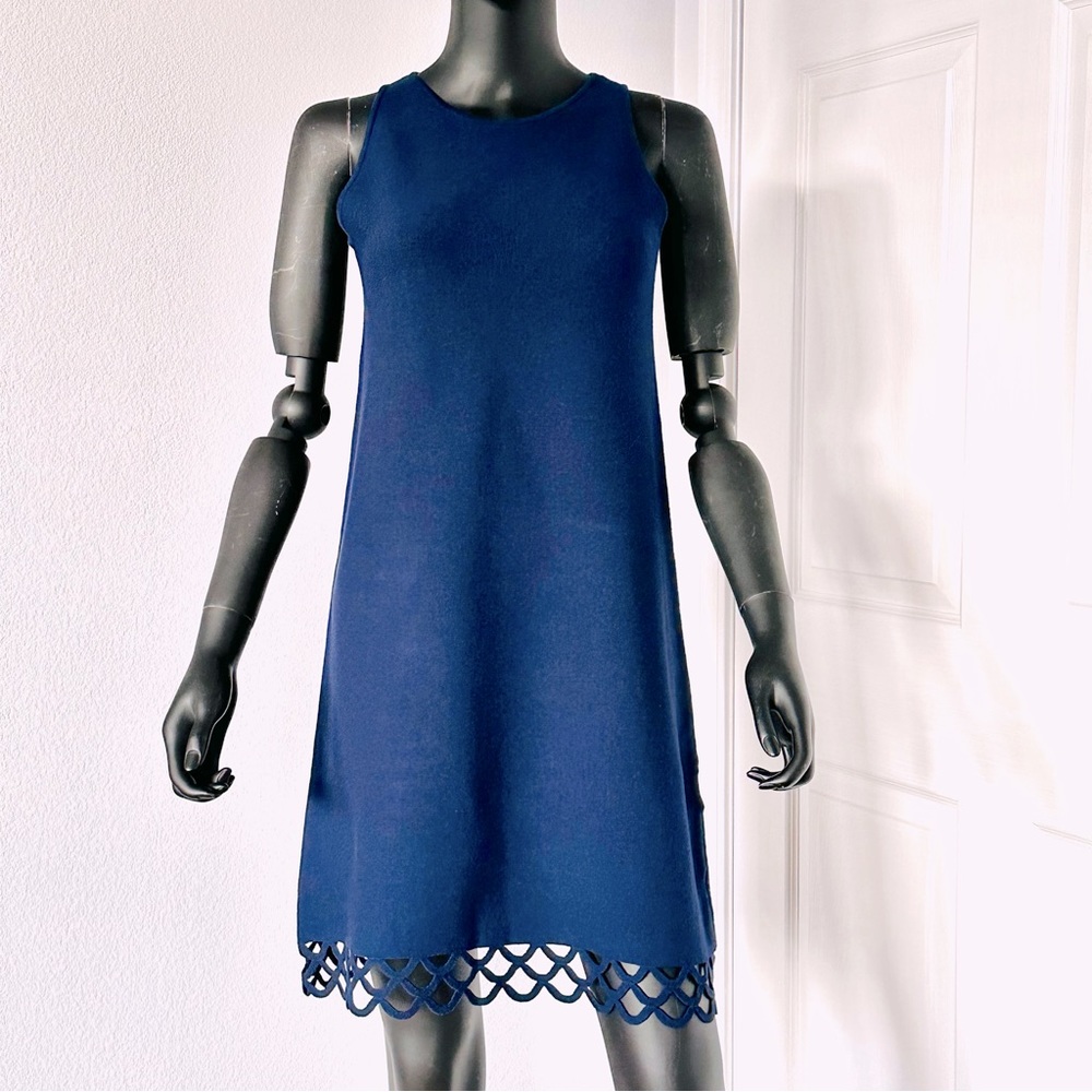 NWT Milly Knit Shift Dress Relax Navy Sleeveless Eyelet Lattice Cut Out Dress P